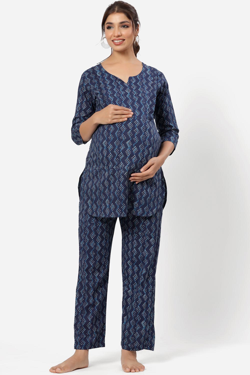 Blue Cotton Floral V Neck Nursing Night Suit Set