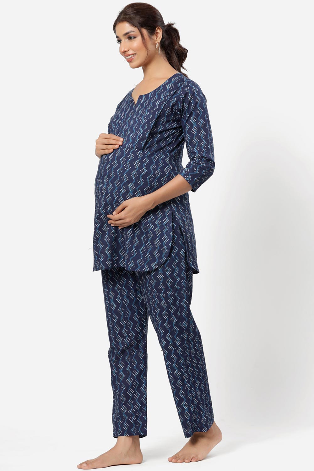 Blue Cotton Floral V Neck Nursing Night Suit Set