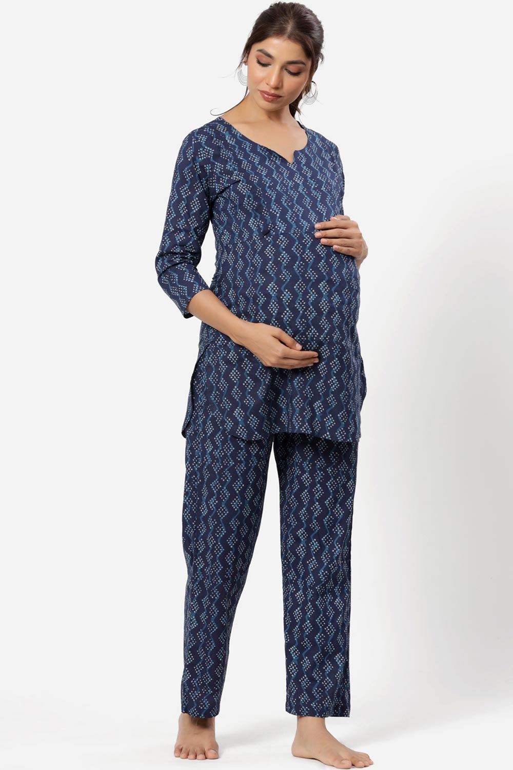 Blue Cotton Floral V Neck Nursing Night Suit Set