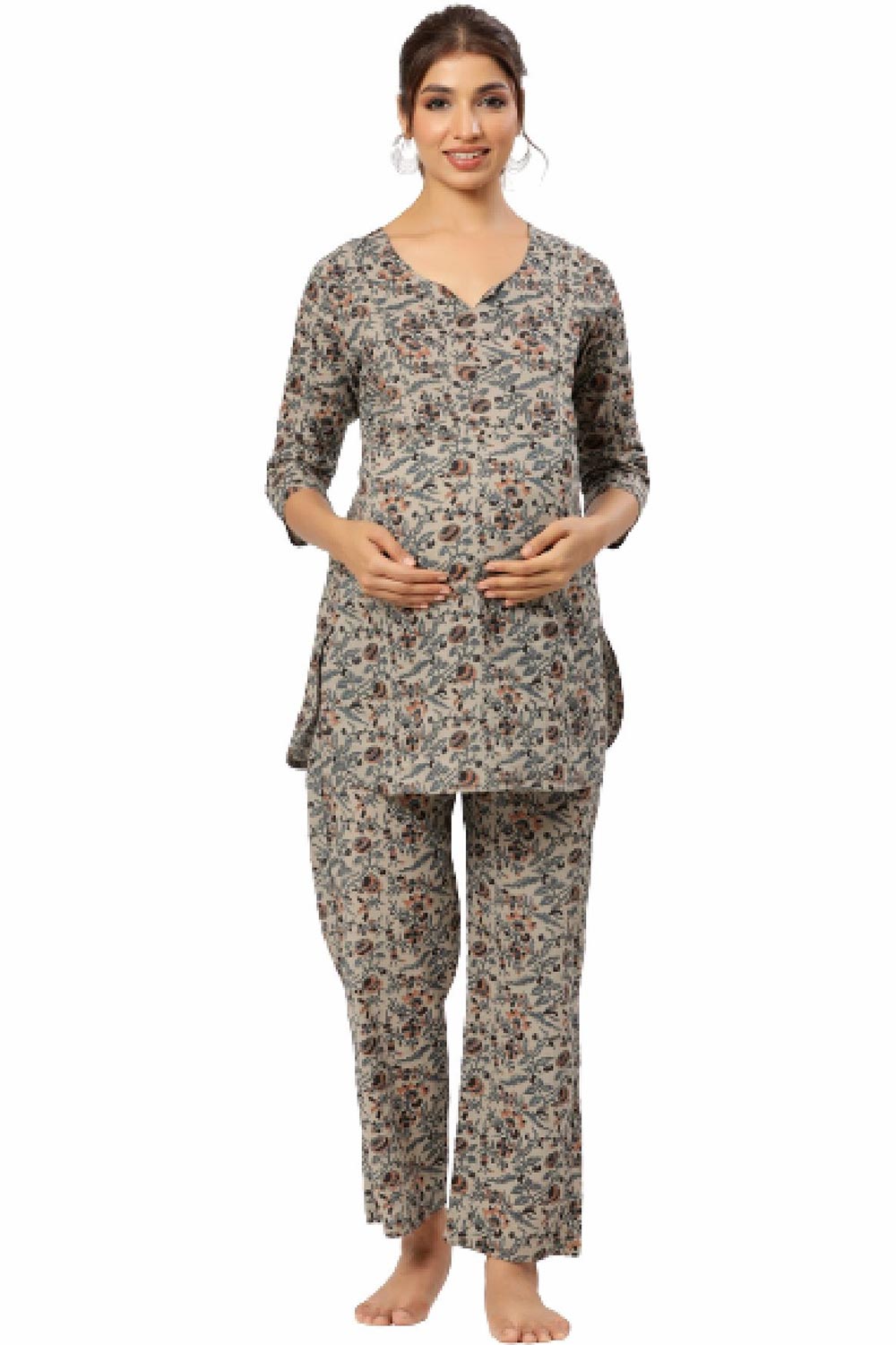 Cream Cotton Floral V Neck Nursing Night Suit Set