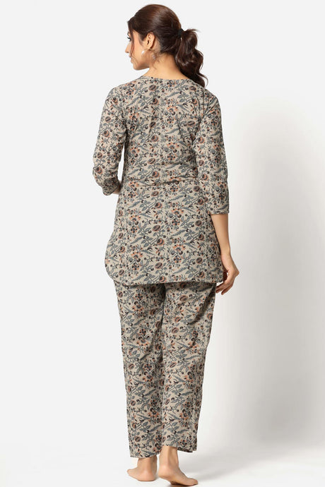 Cream Cotton Floral V Neck Nursing Night Suit Set