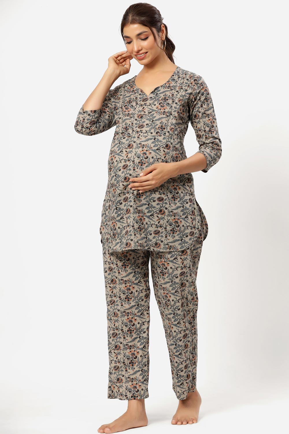 Cream Cotton Floral V Neck Nursing Night Suit Set