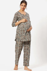 Cream Cotton Floral V Neck Nursing Night Suit Set