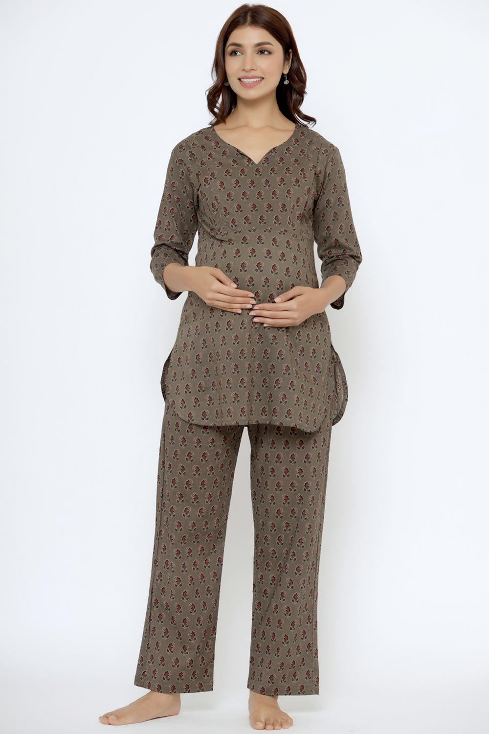 Brown Cotton Floral V Neck Nursing Night Suit Set