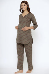 Brown Cotton Floral V Neck Nursing Night Suit Set