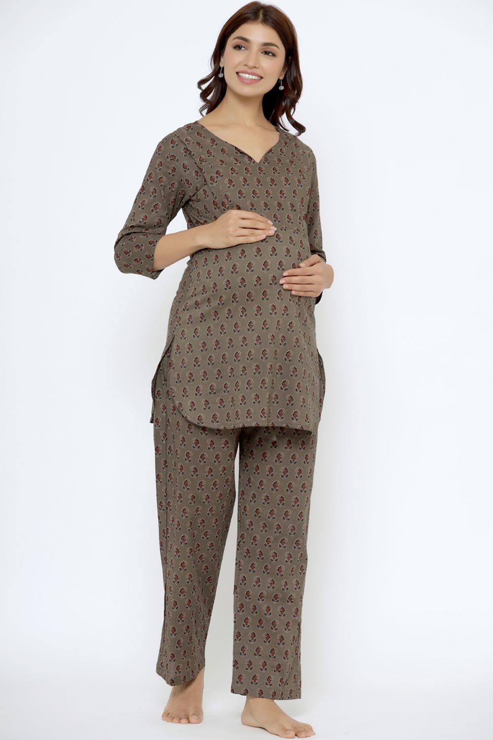 Brown Cotton Floral V Neck Nursing Night Suit Set