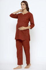 Red Cotton Floral V Neck Nursing Night Suit Set