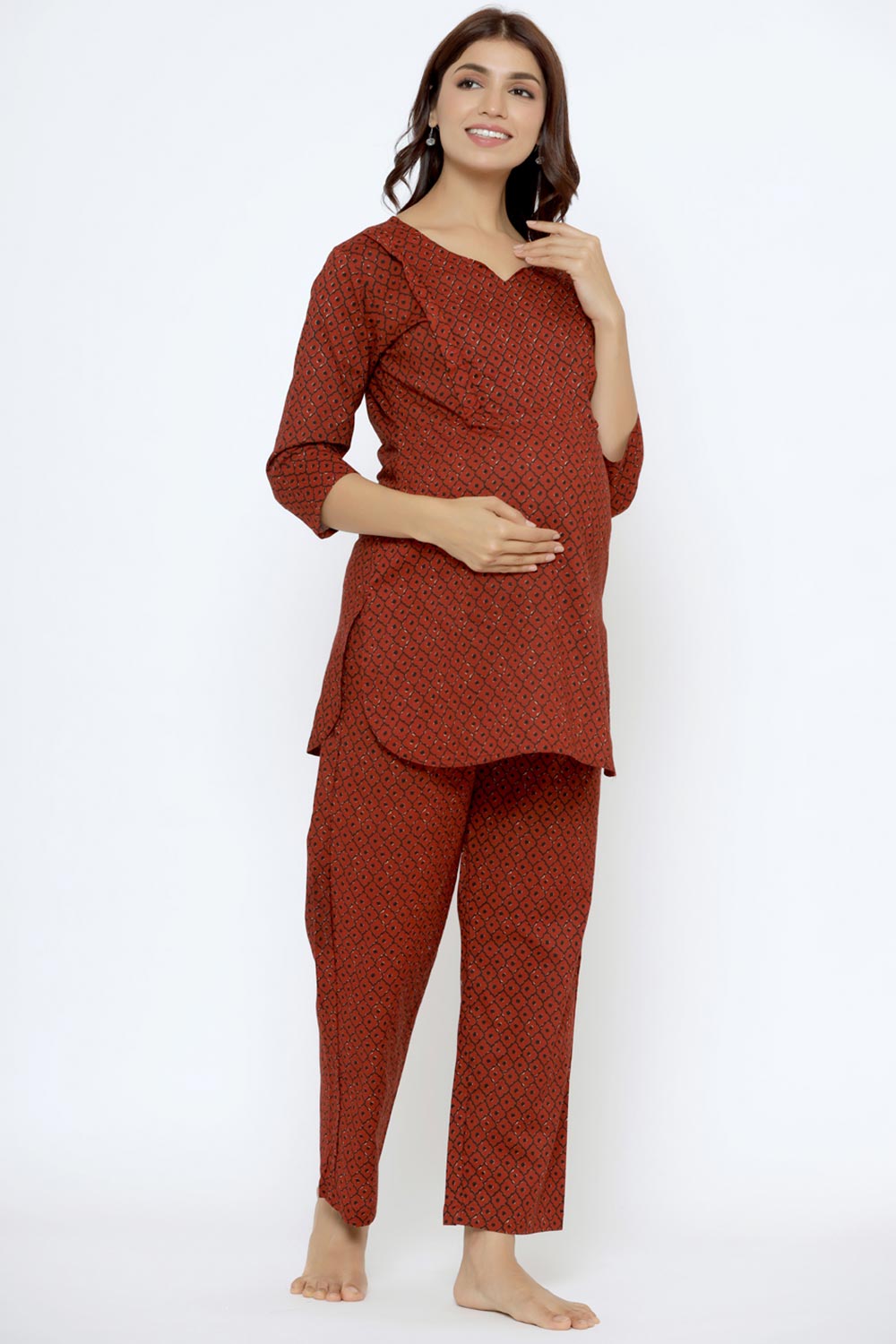 Red Cotton Floral V Neck Nursing Night Suit Set