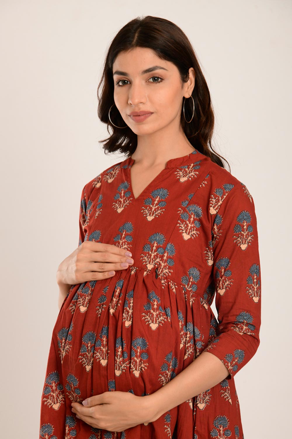 Red Cotton Boota Print Sweetheart Neck Nursing Dress