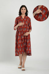 Red Cotton Boota Print Sweetheart Neck Nursing Dress