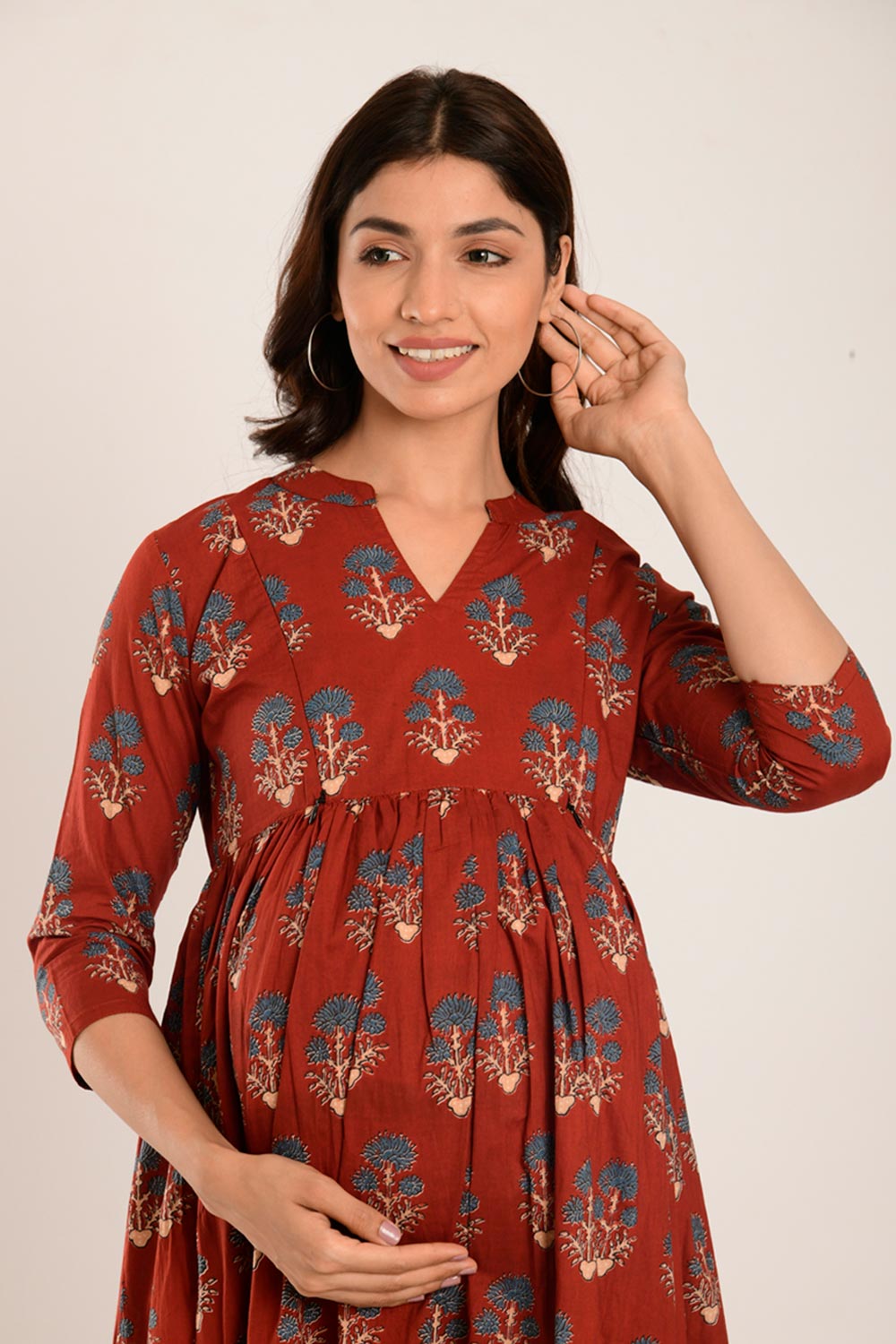 Red Cotton Boota Print Sweetheart Neck Nursing Dress