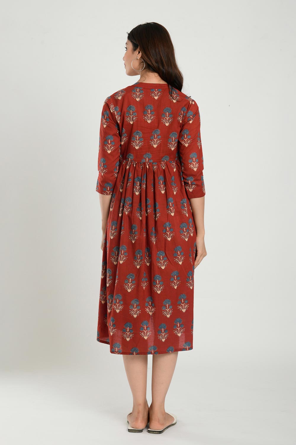 Red Cotton Boota Print Sweetheart Neck Nursing Dress