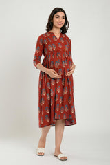 Red Cotton Boota Print Sweetheart Neck Nursing Dress