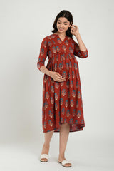 Red Cotton Boota Print Sweetheart Neck Nursing Dress