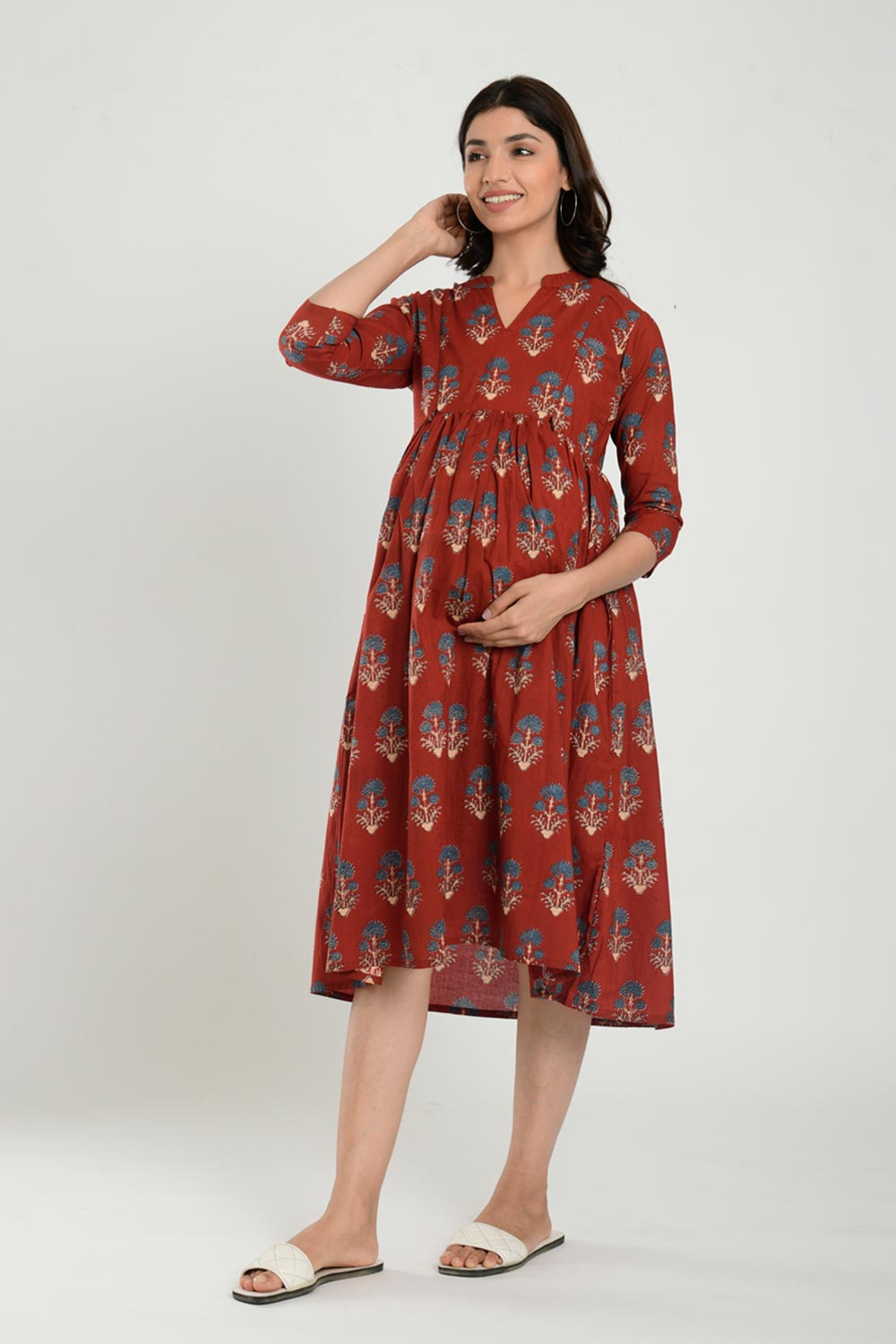 Red Cotton Boota Print Sweetheart Neck Nursing Dress