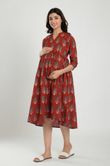 Red Cotton Boota Print Sweetheart Neck Nursing Dress