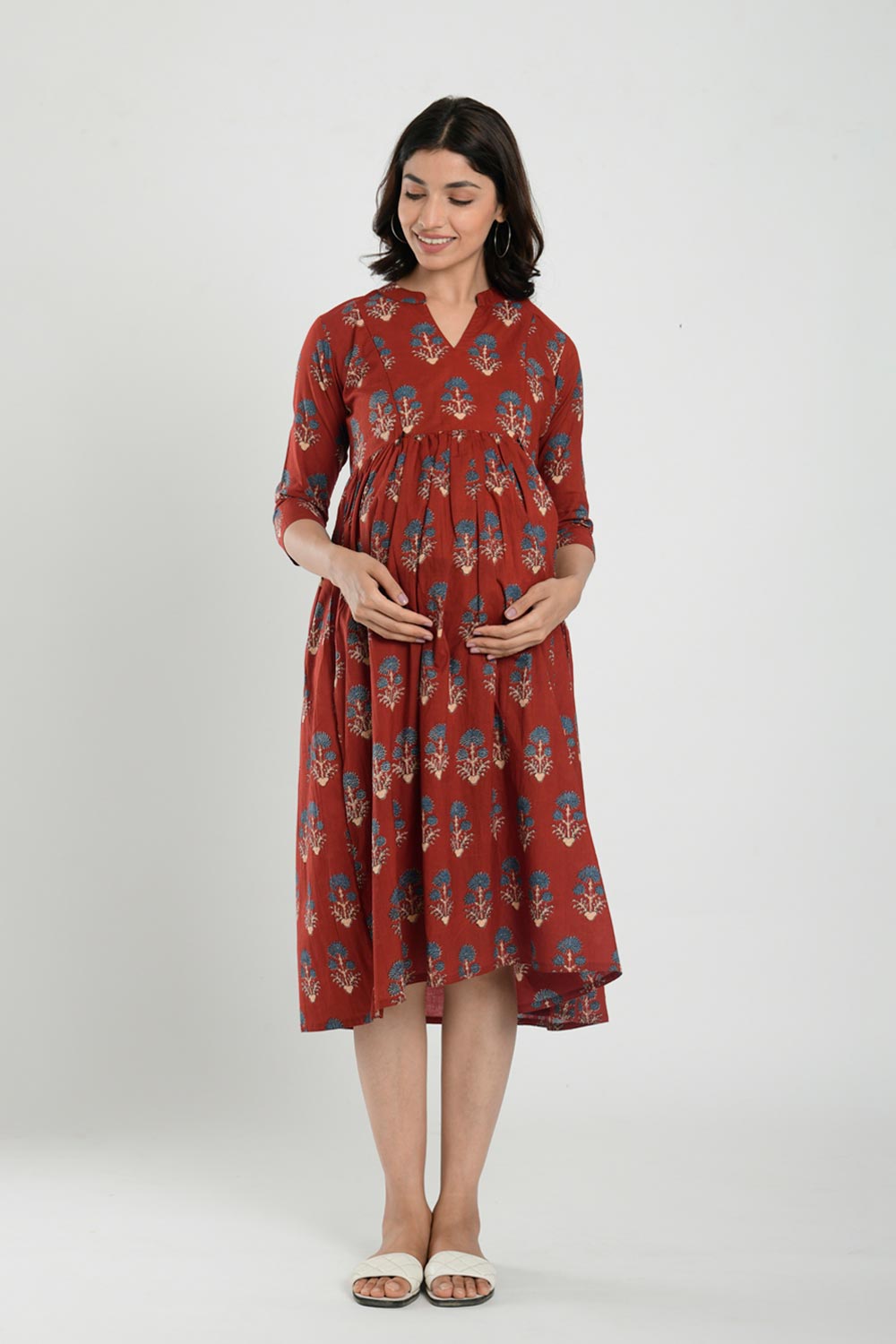 Red Cotton Boota Print Sweetheart Neck Nursing Dress