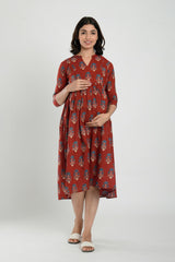 Red Cotton Boota Print Sweetheart Neck Nursing Dress