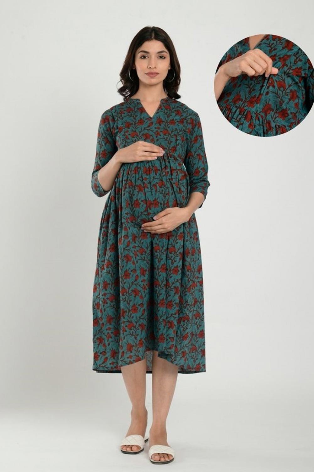 Blue & Red Cotton Floral Jaal Sweetheart Neck Nursing Dress