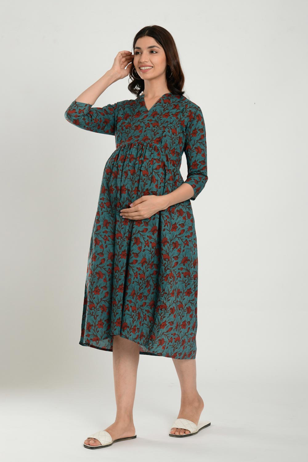 Blue & Red Cotton Floral Jaal Sweetheart Neck Nursing Dress