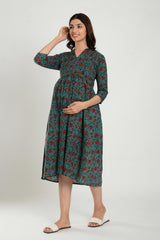 Blue & Red Cotton Floral Jaal Sweetheart Neck Nursing Dress