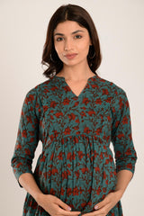 Blue & Red Cotton Floral Jaal Sweetheart Neck Nursing Dress