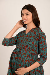 Blue & Red Cotton Floral Jaal Sweetheart Neck Nursing Dress