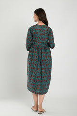 Blue & Red Cotton Floral Jaal Sweetheart Neck Nursing Dress