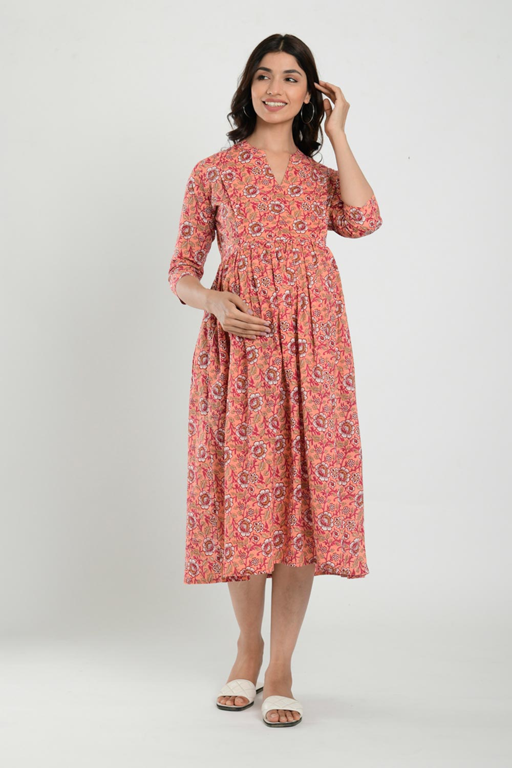 Peach Cotton Floral Jaal Sweetheart Neck Nursing Dress