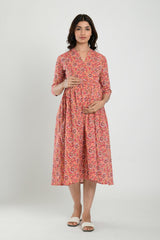 Peach Cotton Floral Jaal Sweetheart Neck Nursing Dress