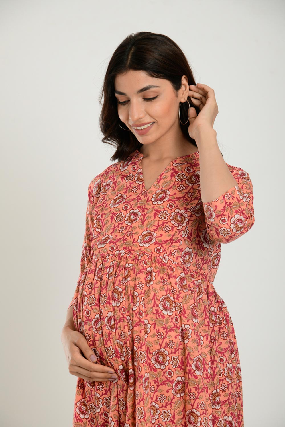 Peach Cotton Floral Jaal Sweetheart Neck Nursing Dress