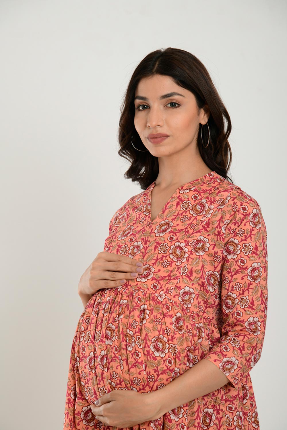 Peach Cotton Floral Jaal Sweetheart Neck Nursing Dress