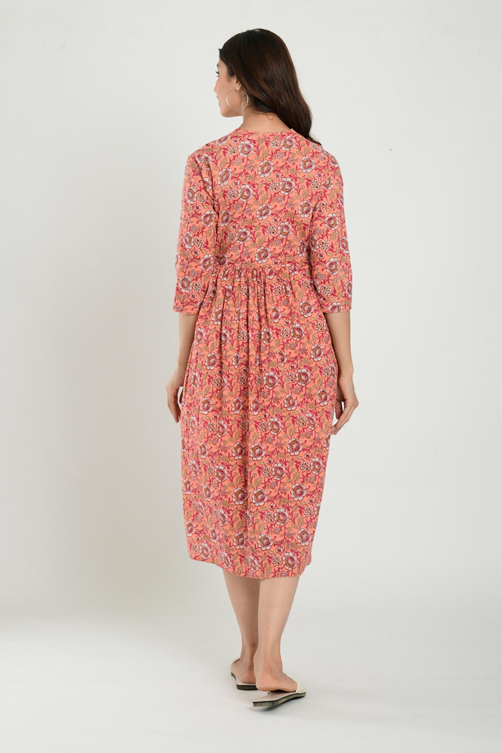 Peach Cotton Floral Jaal Sweetheart Neck Nursing Dress