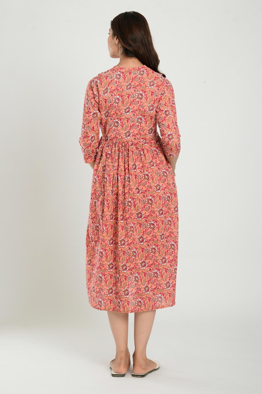 Peach Cotton Floral Jaal Sweetheart Neck Nursing Dress