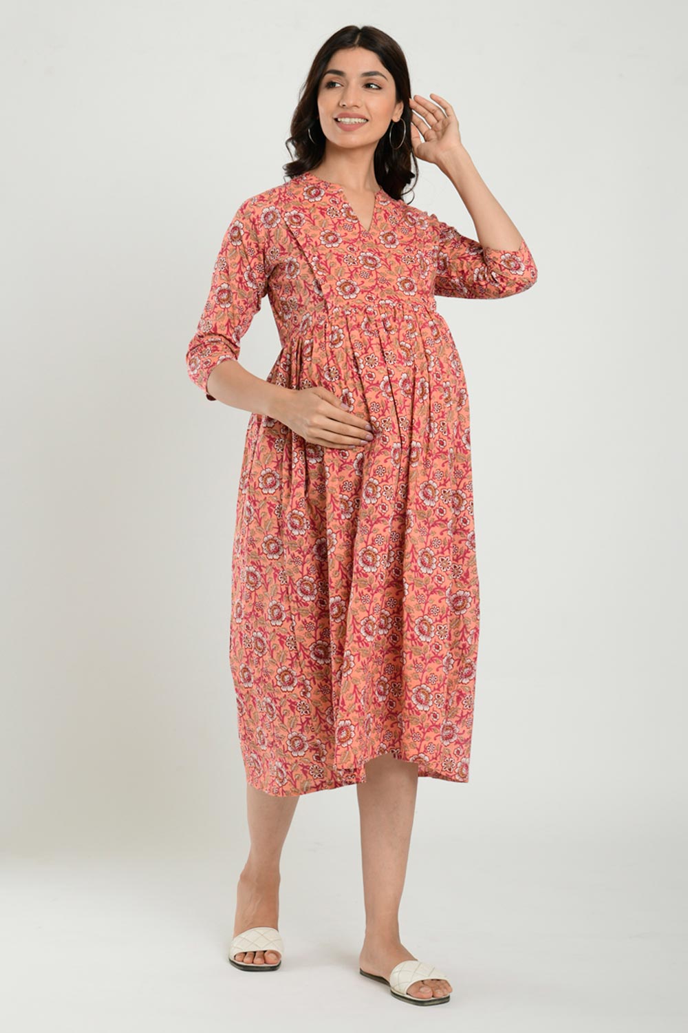 Peach Cotton Floral Jaal Sweetheart Neck Nursing Dress