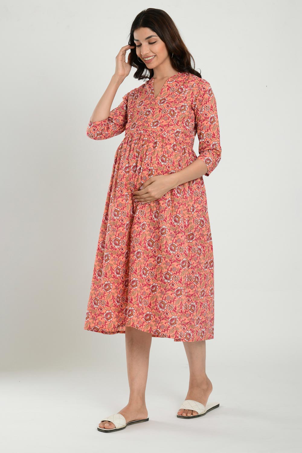 Peach Cotton Floral Jaal Sweetheart Neck Nursing Dress