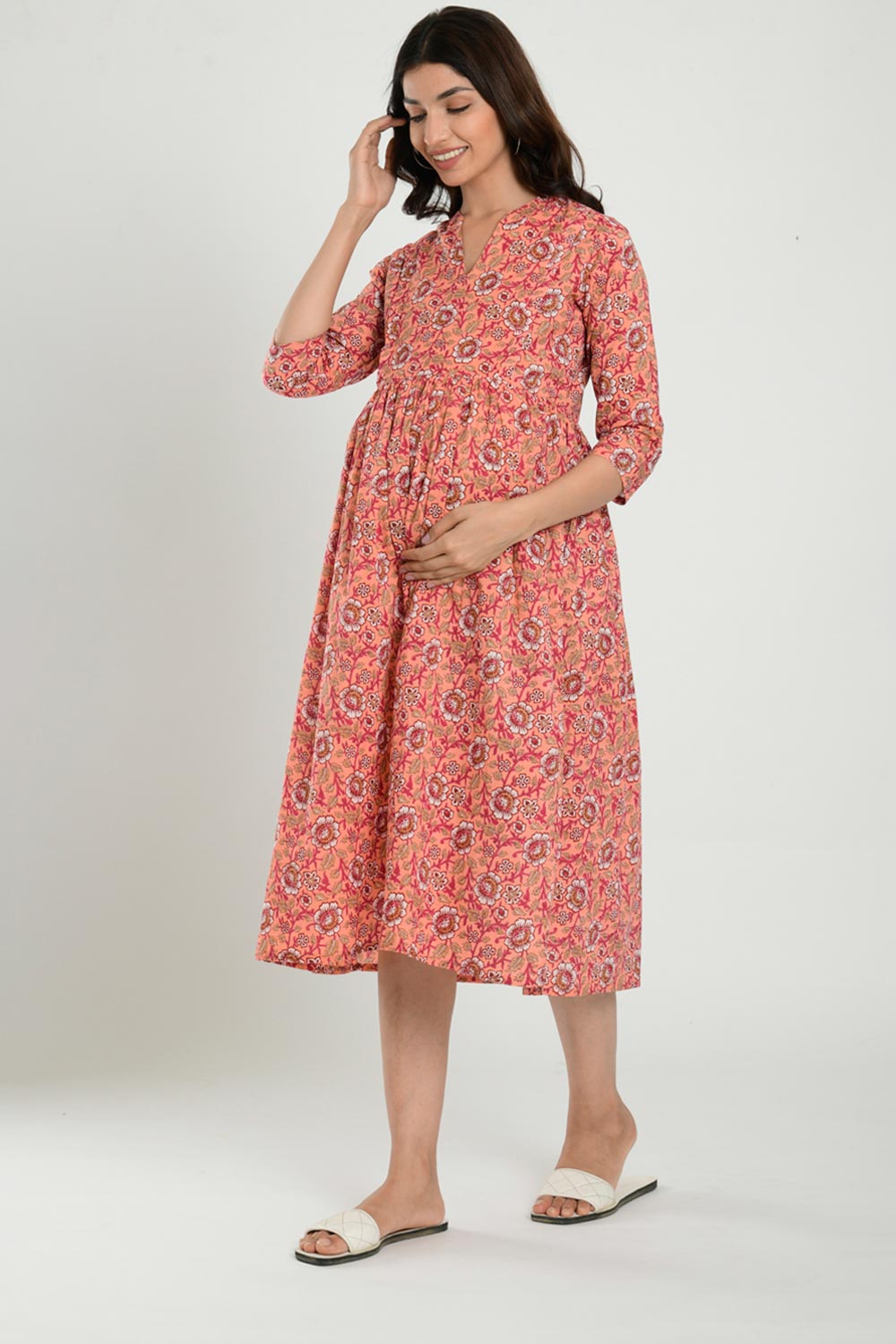 Peach Cotton Floral Jaal Sweetheart Neck Nursing Dress