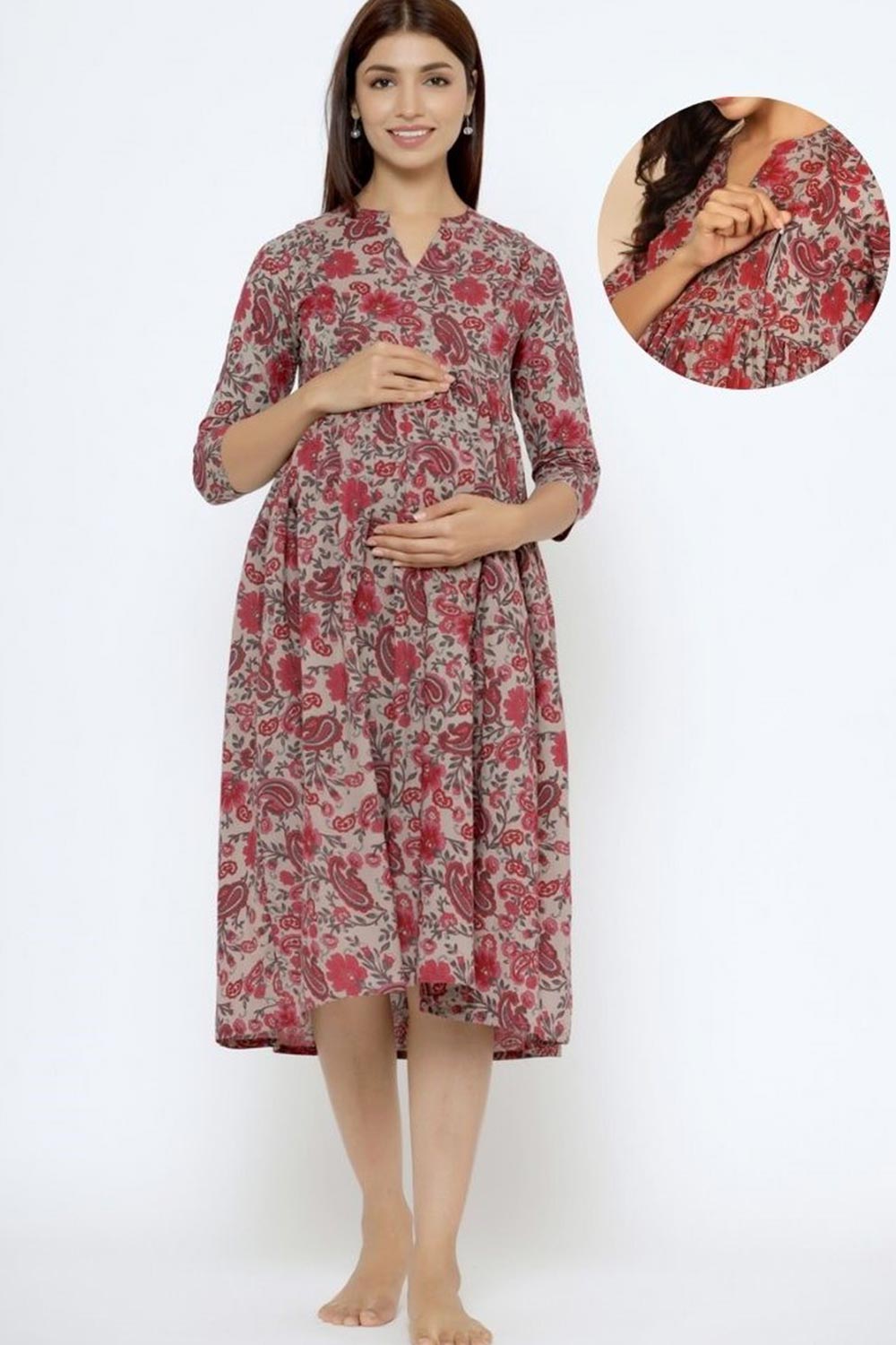 Grey Cotton Floral Jaal Sweetheart Neck Nursing Dress