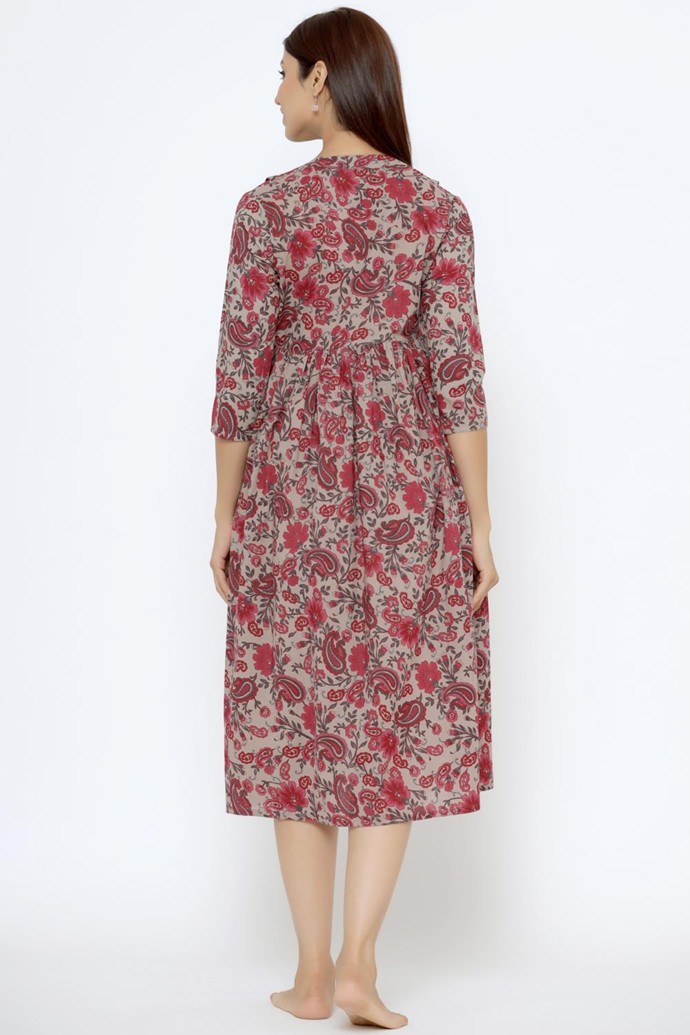 Grey Cotton Floral Jaal Sweetheart Neck Nursing Dress