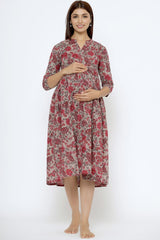 Grey Cotton Floral Jaal Sweetheart Neck Nursing Dress