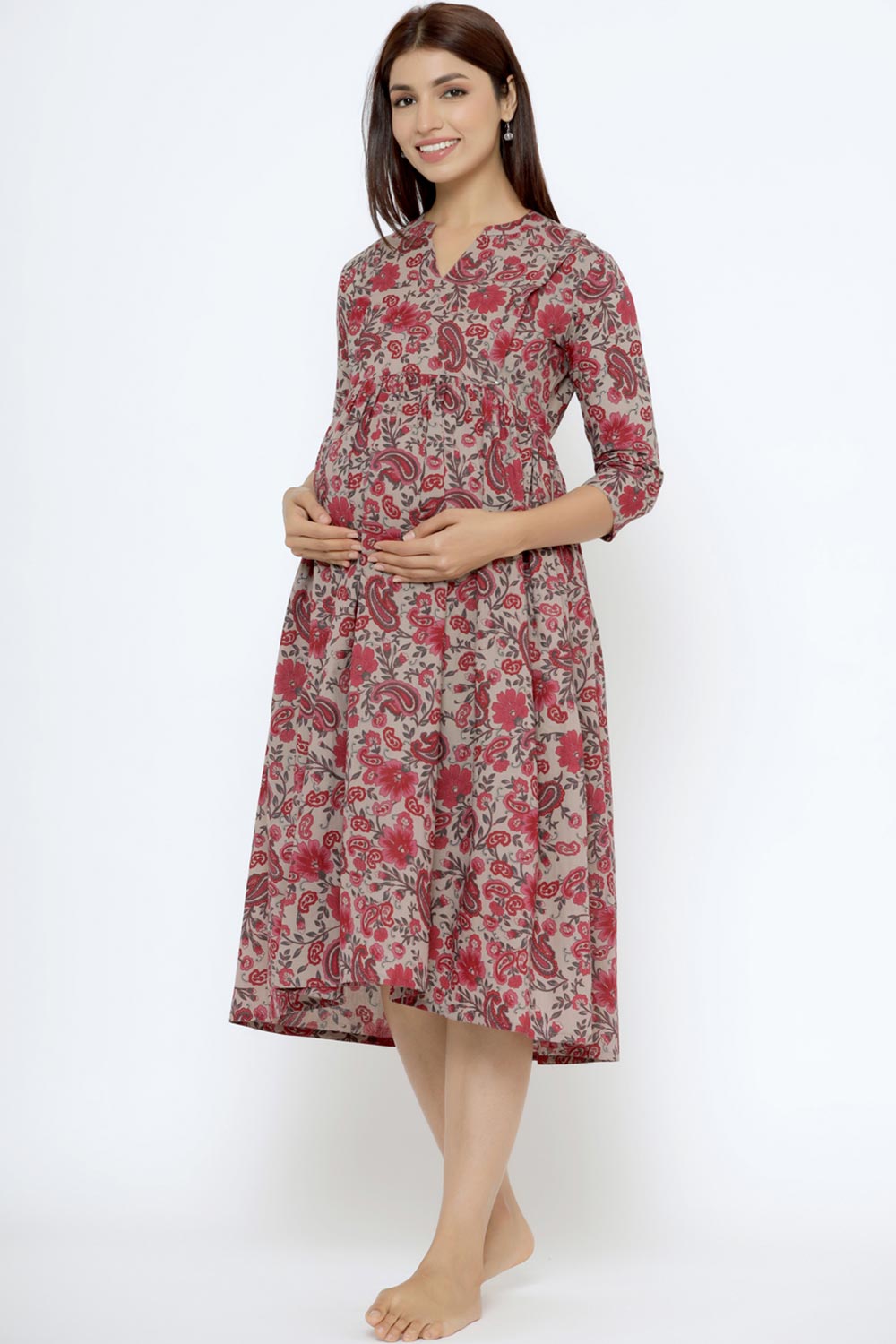 Grey Cotton Floral Jaal Sweetheart Neck Nursing Dress