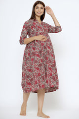 Grey Cotton Floral Jaal Sweetheart Neck Nursing Dress