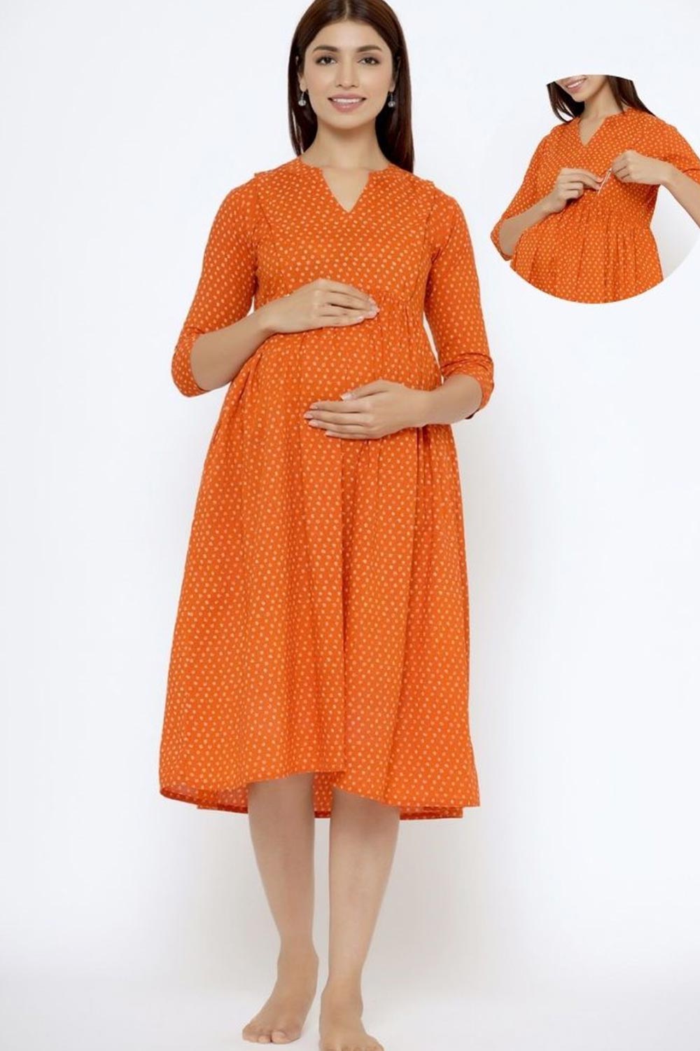 Orange Cotton Floral Jaal Sweetheart Neck Nursing Dress