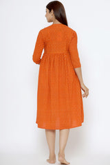 Orange Cotton Floral Jaal Sweetheart Neck Nursing Dress