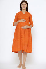 Orange Cotton Floral Jaal Sweetheart Neck Nursing Dress