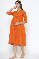 Orange Cotton Floral Jaal Sweetheart Neck Nursing Dress