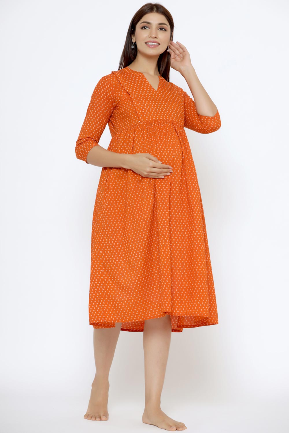 Orange Cotton Floral Jaal Sweetheart Neck Nursing Dress