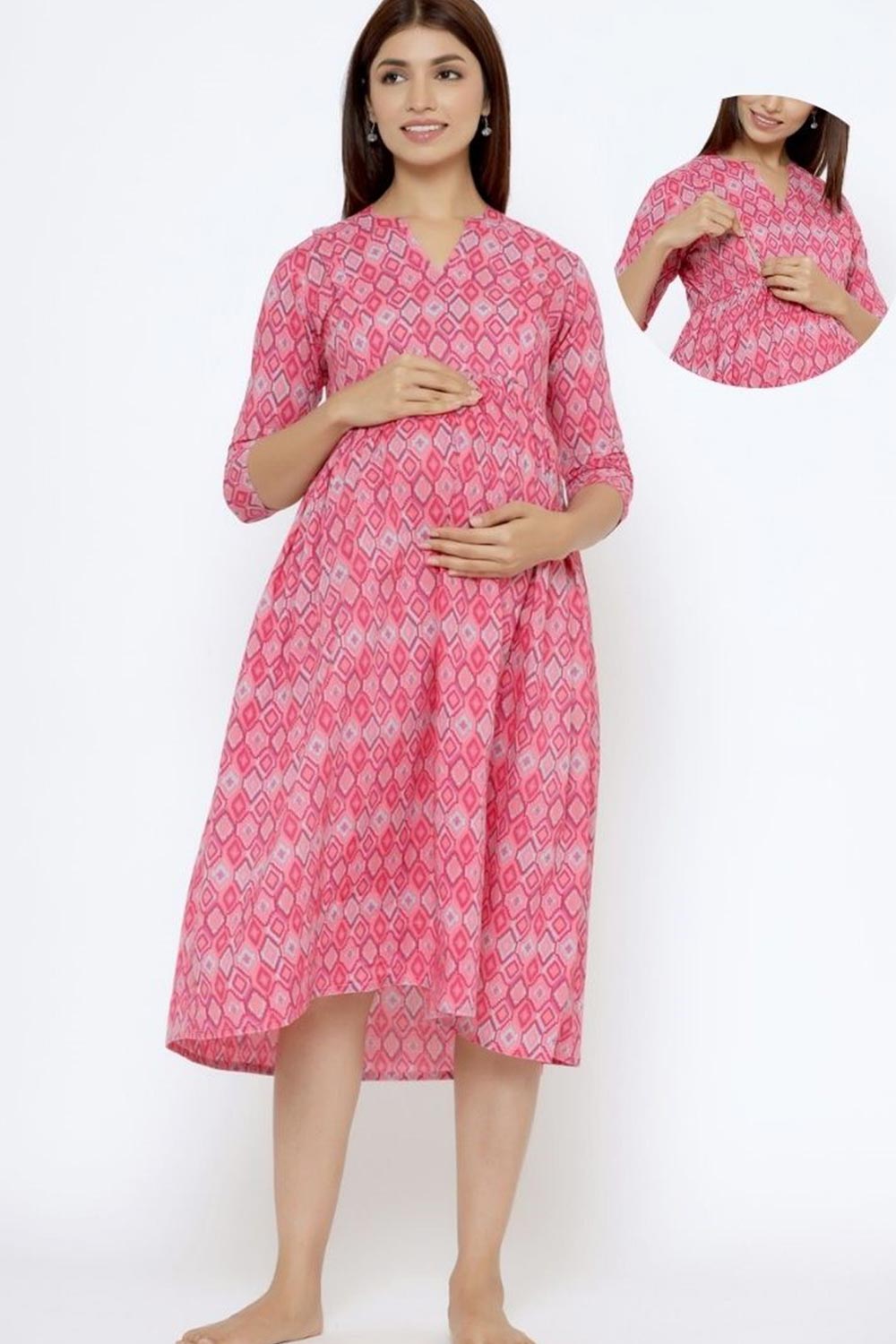 Pink Cotton Floral Jaal Sweetheart Neck Nursing Dress