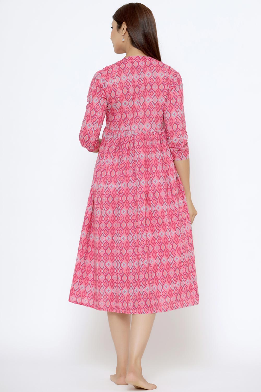 Pink Cotton Floral Jaal Sweetheart Neck Nursing Dress