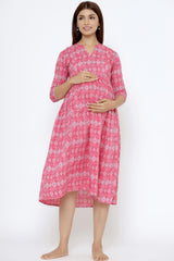 Pink Cotton Floral Jaal Sweetheart Neck Nursing Dress